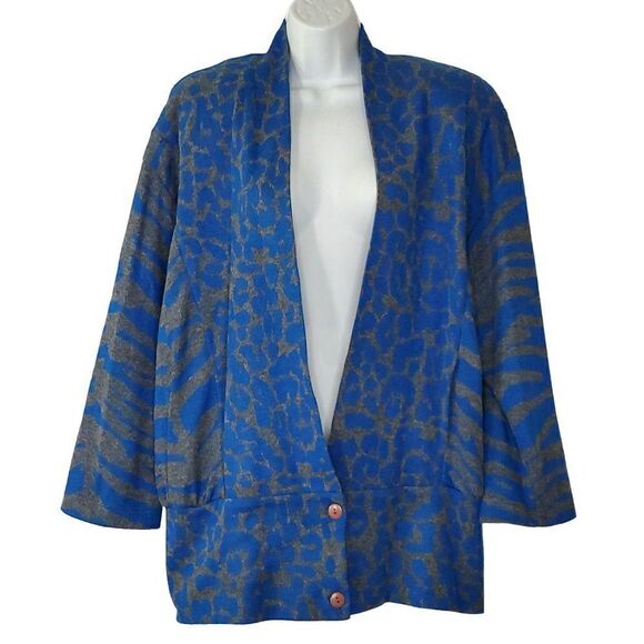 Vintage 80s Oversized Cardigan Sweater Sz M Animal Zebra Leopard Gray Blue - Picture 1 of 3